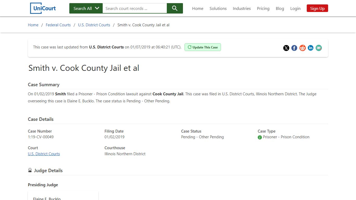 Smith v Cook County Jail et al | 1:19-CV-00049 - UniCourt